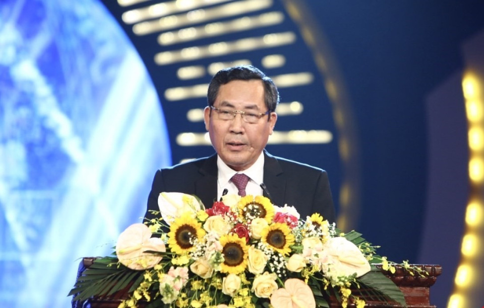 Ủy viên Trung ương Đảng, Tổng Biên tập báo Nhân Dân, Chủ tịch Hội Nhà báo Việt Nam Thuận Hữu phát biểu khai mạc. (Ảnh: Minh Quyết/TTXVN)