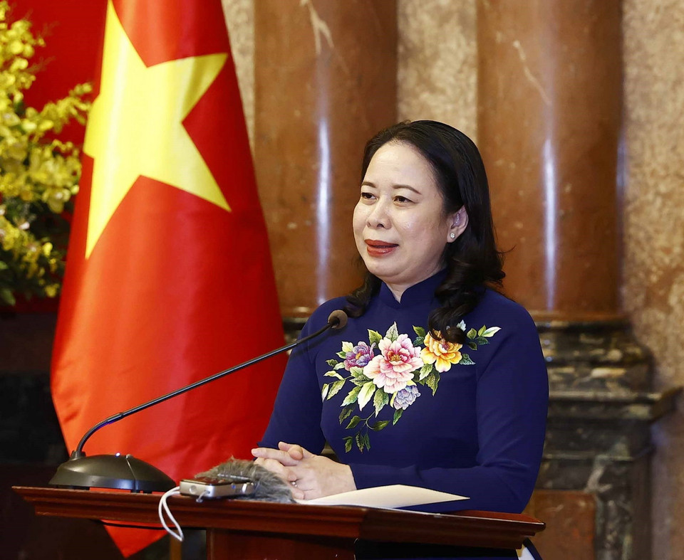 Quyền Chủ tịch nước Võ Thị Ánh Xuân phát biểu tại buổi tiếp. (Ảnh: Thống Nhất/TTXVN)