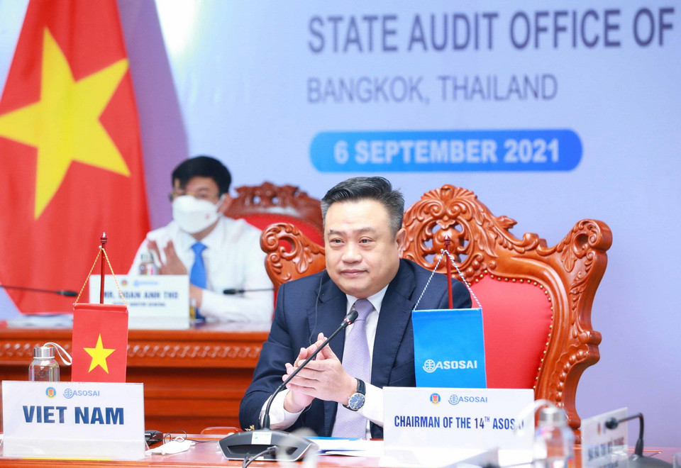 Tổng Kiểm toán Nhà nước Trần Sỹ Thanh, Chủ tịch ASOSAI nhiệm kỳ 2018-2021 tại cuộc họp. (Ảnh: Phương Hoa/TTXVN)