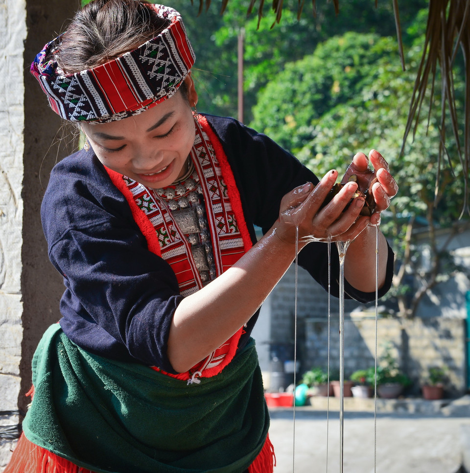  Loại cây trên rừng (theo tên gọi của người dân địa phương) sau khi được ngâm nước sẽ tiết ra chất keo dính, từ đó hòa trộn với những nguyên liệu khác tạo chất kết dính khi làm giấy. (Ảnh: Nam Thái/TTXVN)