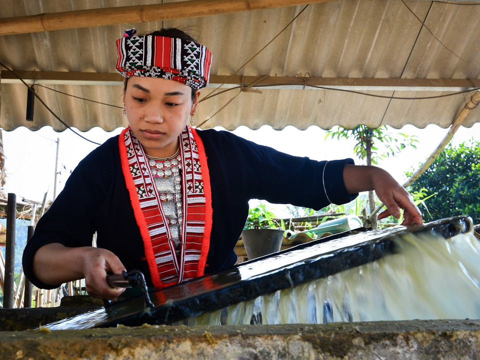  Cây vầu non sau khi trải qua nhiều quá trình xử lý sẽ được nghiền, hòa với nước cùng một số nguyên liệu, sẽ được tráng để làm giấy bản. (Ảnh: Nam Thái/TTXVN)