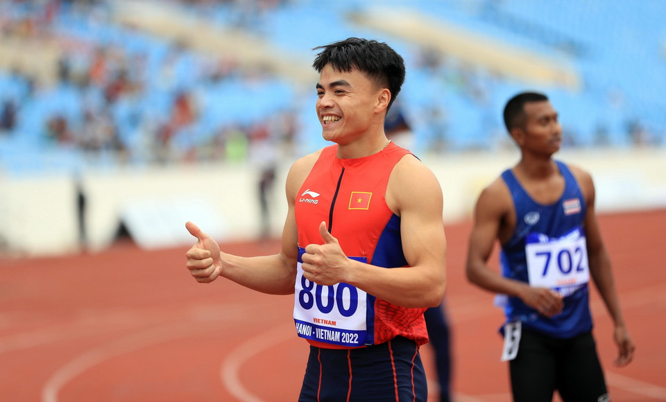 Vận động viên Ngân Ngọc Nghĩa (Việt Nam) thi đấu nội dung 200m nam. (Ảnh: Huy Hùng/TTXVN)