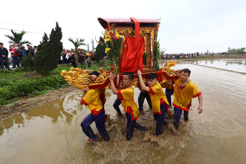 Kiệu quay được dẫn xuống ruộng trước khi về chùa. (Ảnh: Minh Quyết/TTXVN)