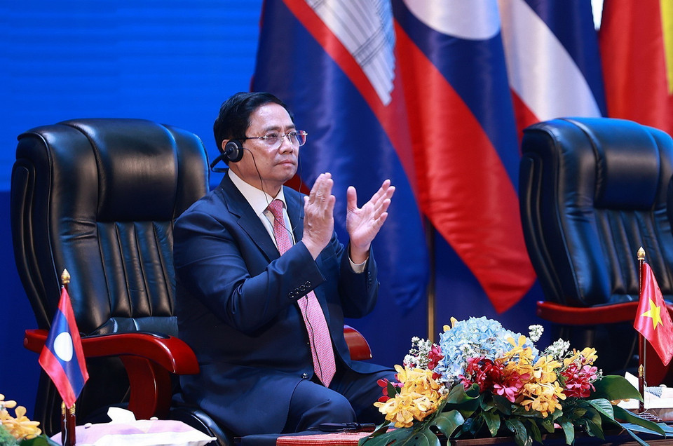 Thủ tướng Phạm Minh Chính dự Phiên toàn thể Hội nghị cấp cao Ủy hội sông Mekong quốc tế lần thứ tư. (Ảnh: Dương Giang/TTXVN)