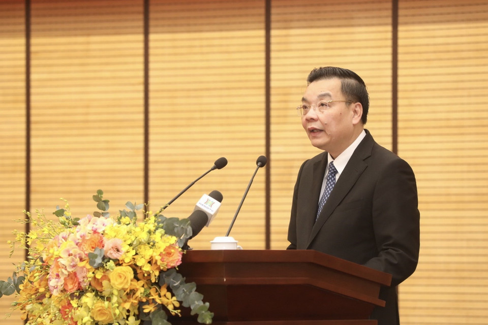 Chủ tịch UBND thành phố Hà Nội Chu Ngọc Anh phát hiểu. (Ảnh: Minh Quyết/TTXVN)