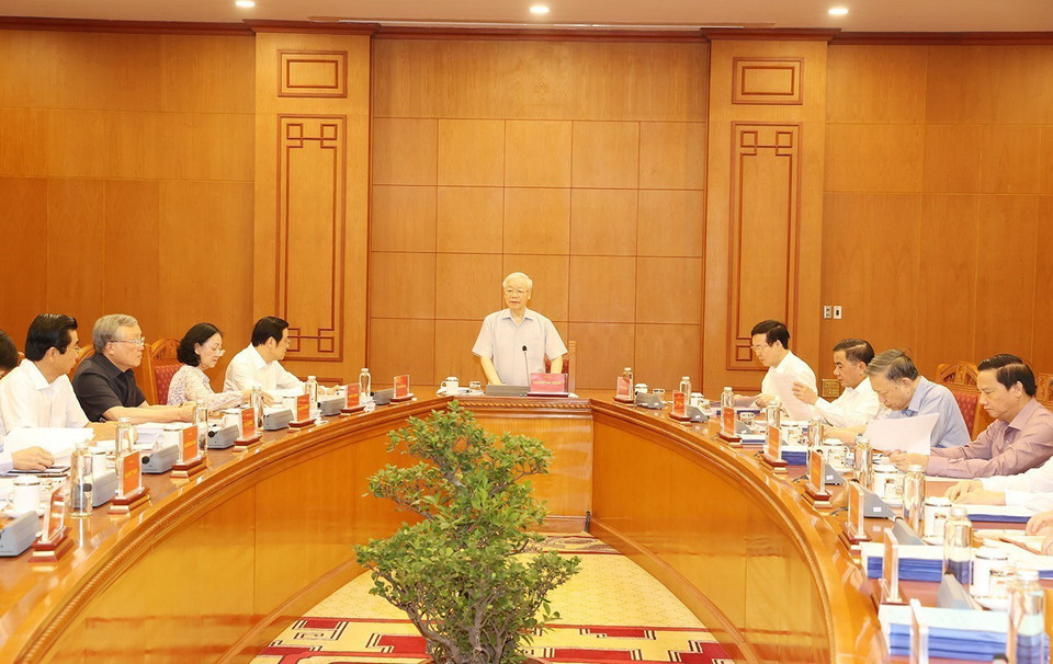 Tổng Bí thư Nguyễn Phú Trọng phát biểu kết luận cuộc họp. (Ảnh: Trí Dũng/TTXVN)