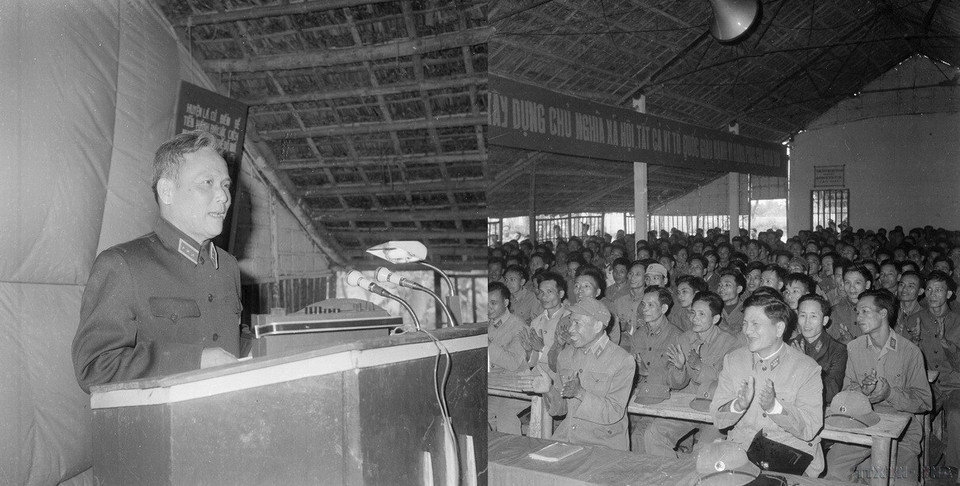 Thượng tướng Chu Huy Mân, Phó Bí thư Quân ủy TW, Chủ nhiệm Tổng cục Chính trị nói chuyện với các học viên tại lớp học của cán bộ quân đội tăng cường cho các cấp huyện ở các tỉnh miền núi. (Ảnh: Hồng Thụ/TTXVN)