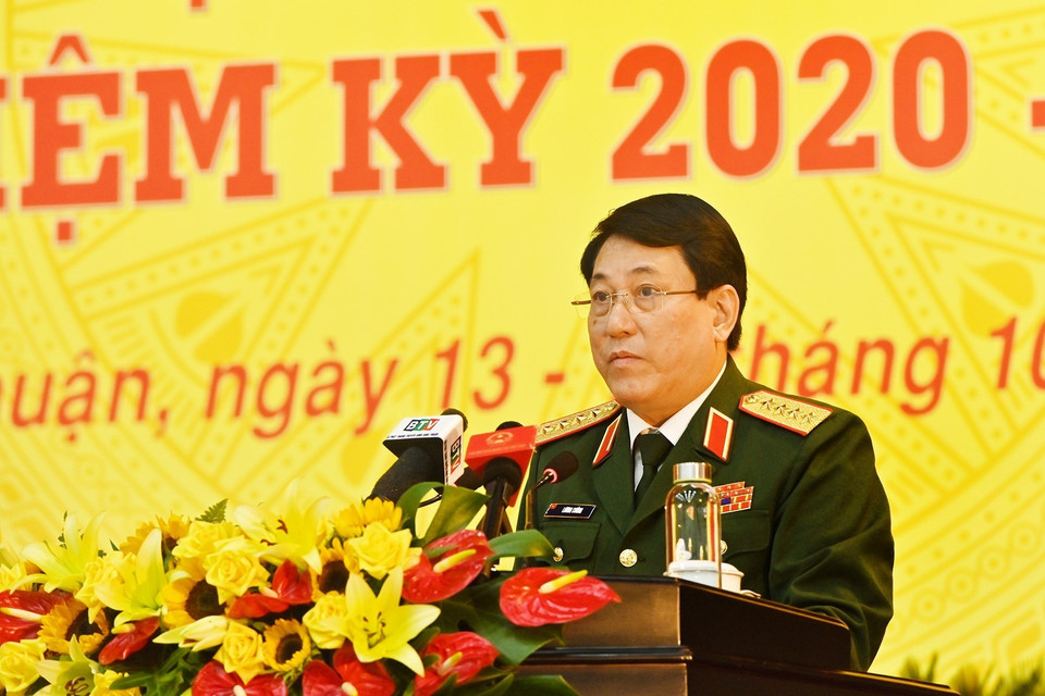 Đại tướng Lương Cường, Bí thư Trung ương Đảng, Ủy viên Thường vụ Quân ủy Trung ương, Chủ nhiệm Tổng Cục Chính trị Quân đội nhân dân Việt Nam phát biểu chỉ đạo Đại hội. (Ảnh: Nguyễn Thanh/TTXVN)