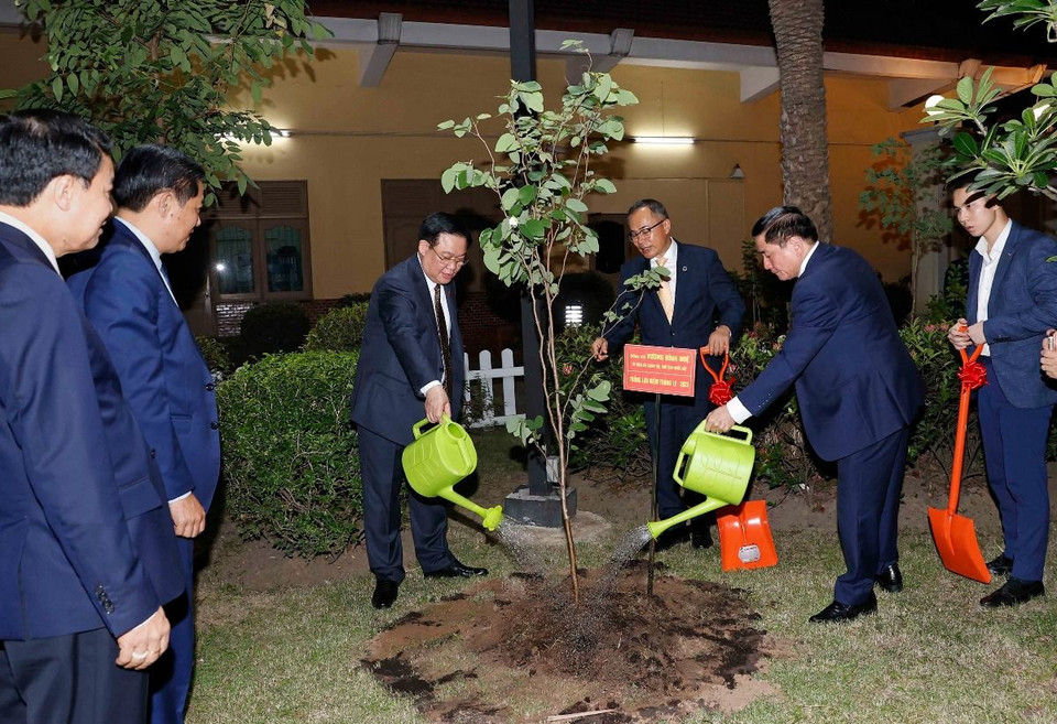 Chủ tịch Quốc hội Vương Đình Huệ trồng cây lưu niệm. (Ảnh: Doãn Tấn/TTXVN)
