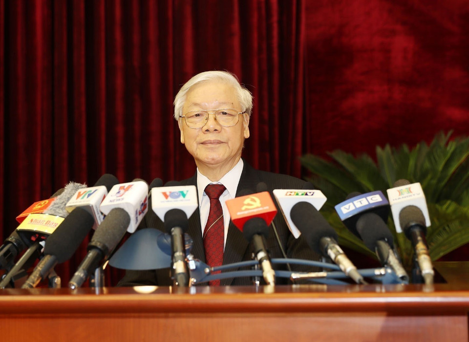 Tổng Bí thư Nguyễn Phú Trọng phát biểu bế mạc Hội nghị, sáng 12/5. (Ảnh: Trí Dũng/TTXVN)