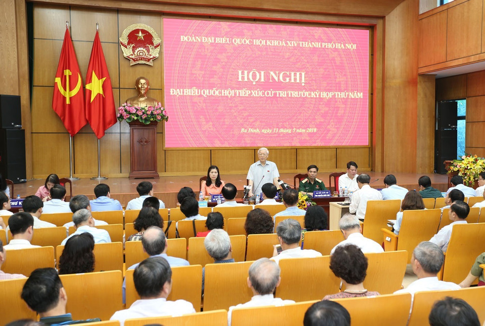 Tổng Bí thư Nguyễn Phú Trọng phát biểu tại buổi tiếp xúc cử tri quận Ba Đình, Hoàn Kiếm. (Ảnh: Trí Dũng/TTXVN)