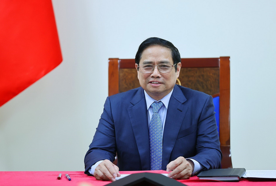  Thủ tướng Phạm Minh Chính điện đàm với Thủ tướng Lào Phankham Viphavan. (Ảnh: Dương Giang/TTXVN) 