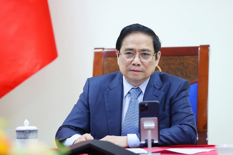  Chiều 12/4, tại Hà Nội, Thủ tướng Phạm Minh Chính điện đàm với Thủ tướng Campuchia Samdech Techo Hun Sen. (Ảnh: Dương Giang/TTXVN)