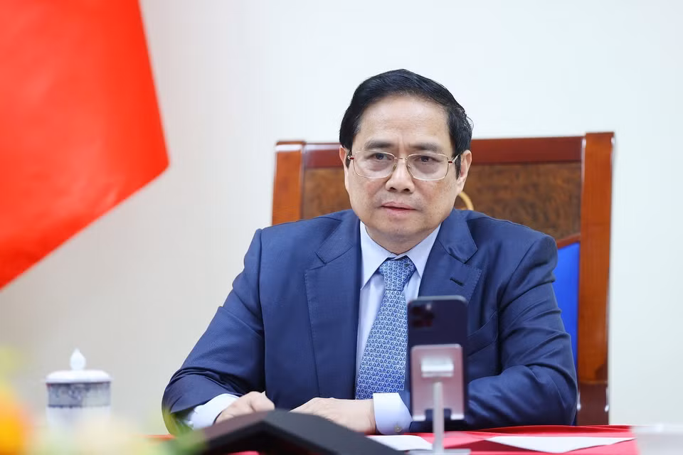  Chiều 12/4, tại Hà Nội, Thủ tướng Phạm Minh Chính điện đàm với Thủ tướng Campuchia Samdech Techo Hun Sen. (Ảnh: Dương Giang/TTXVN)