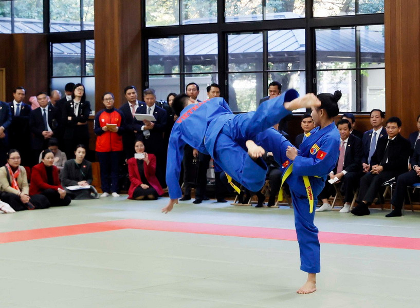 Các võ sỹ Việt Nam trình diễn võ thuật tại buổi giao lưu. (Ảnh: Thống Nhất/TTXVN)