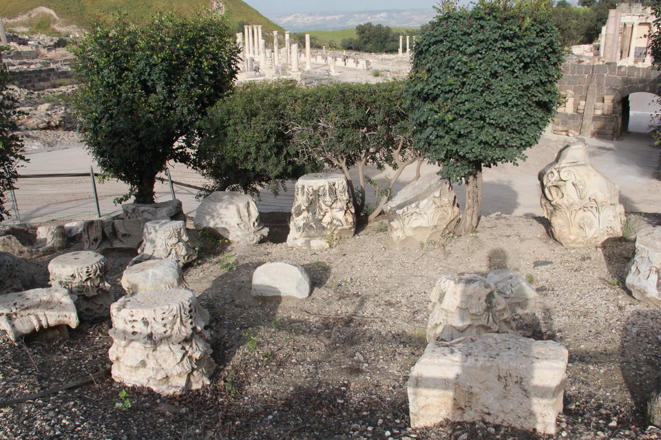 Công viên quốc gia Bet She'an (hay Beit She’arim) nghĩa là Nhà Hai cổng, là di tích thành cổ của người Do Thái. Trong ảnh: Các tảng đá được điêu khắc để lắp ghép lên đỉnh các cột đá. (Ảnh: TTXVN)