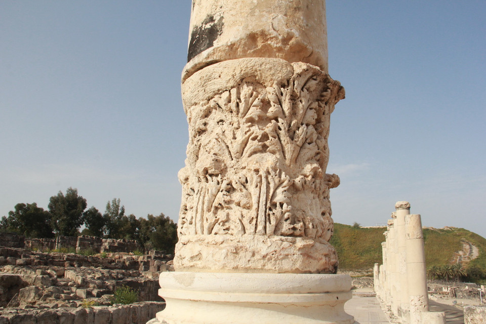 Cận cảnh hoa văn điêu khắc trên thân các cột đá trong Công viên quốc gia Bet She'an. (Ảnh: TTXVN)