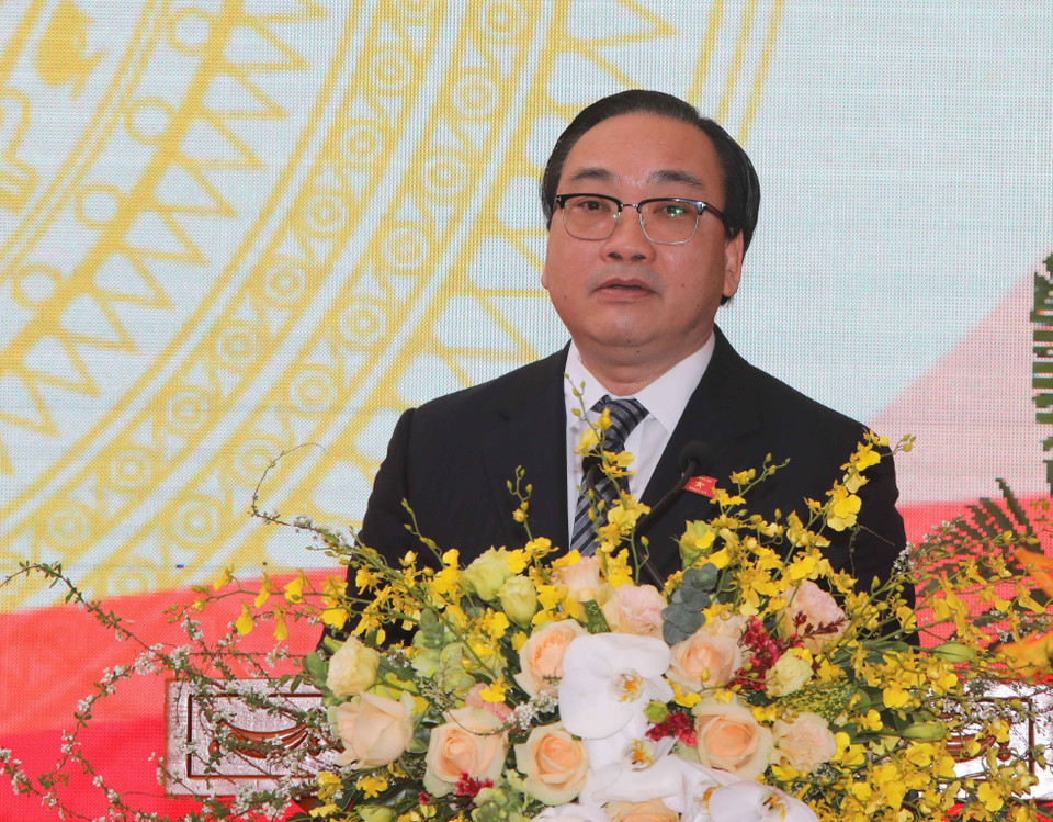 Ủy viên Bộ Chính trị, Bí thư Thành ủy Hà Nội Hoàng Trung Hải phát biểu tại buổi lễ. (Ảnh: Thanh Tùng/TTXVN)