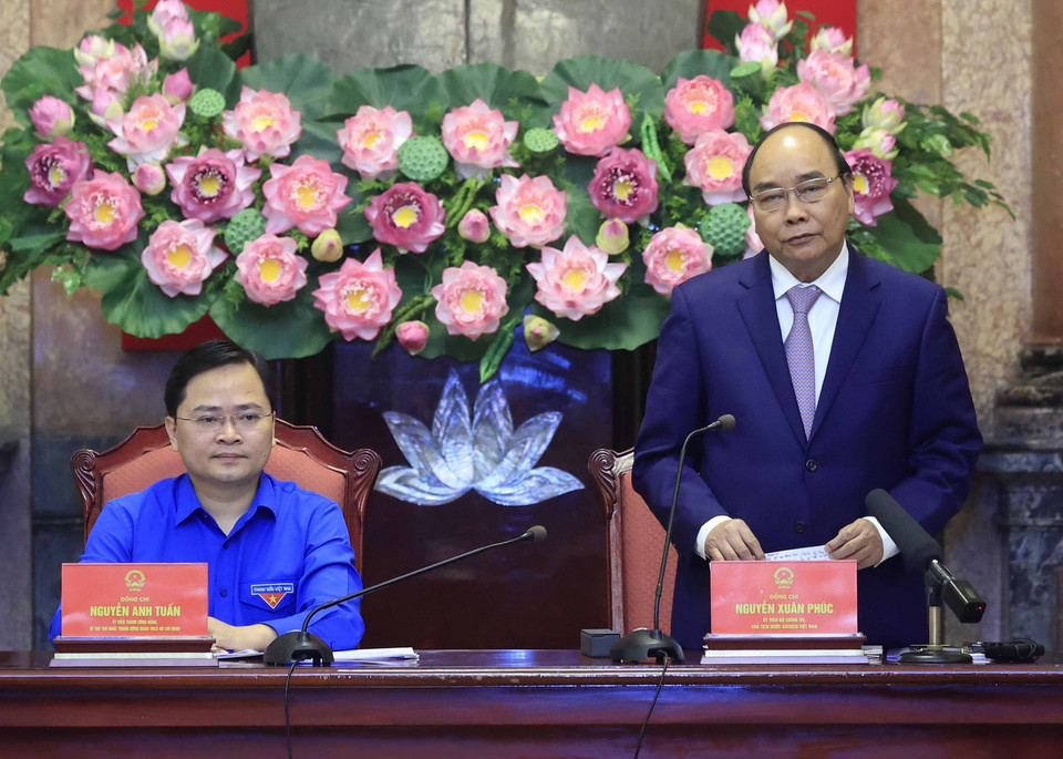 Chủ tịch nước Nguyễn Xuân Phúc phát biểu tại buổi gặp mặt. (Ảnh: Thống Nhất/ TTXVN)