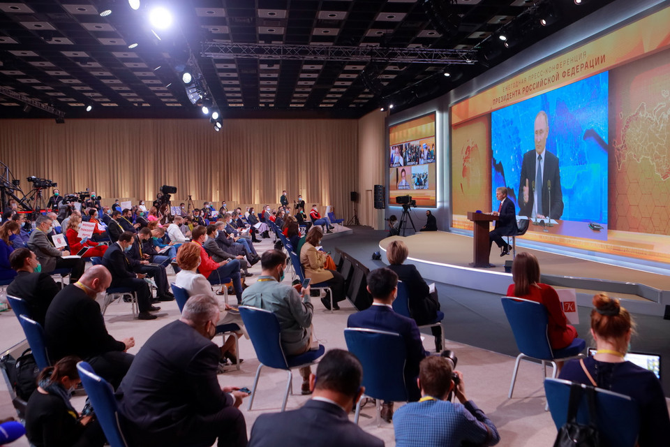 Quang cảnh họp báo từ Phòng họp báo tại Trung tâm Thương mại quốc tế Moskva. (Ảnh: Trần Hiếu/Vietnam+)