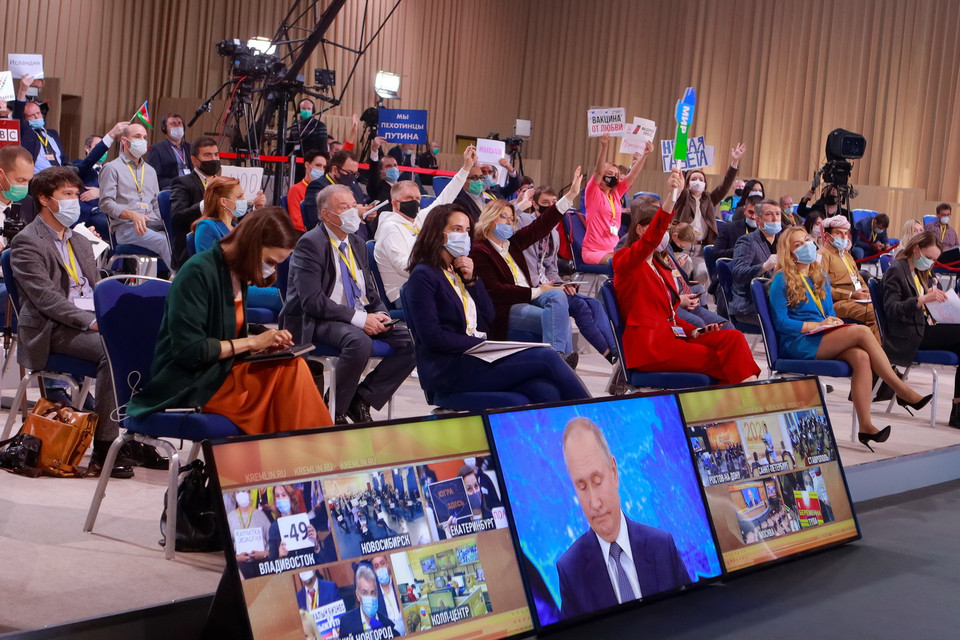 Quang cảnh họp báo từ Phòng họp báo tại Trung tâm Thương mại quốc tế Moskva. (Ảnh: Trần Hiếu/Vietnam+)