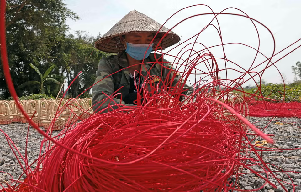 Những sợi guột được nhuộm và phơi khô. (Ảnh: Trần Việt/TTXVN)