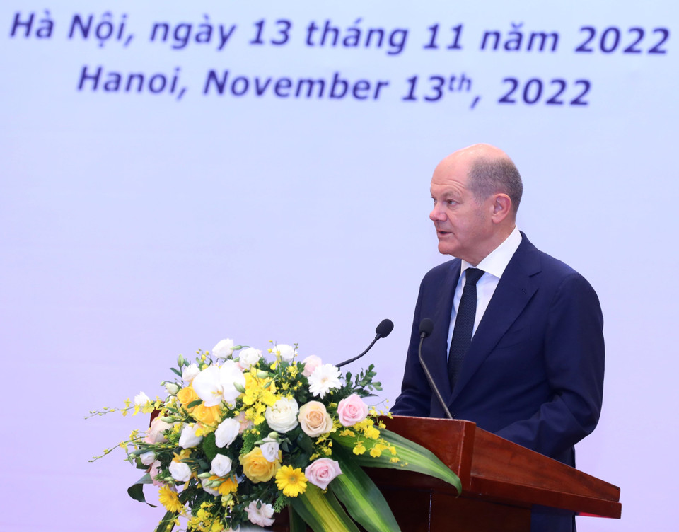 Thủ tướng Cộng hòa Liên bang Đức Olaf Scholz phát biểu tại Hội nghị bàn tròn với doanh nghiệp Việt Nam-Đức. (Ảnh: Lâm Khánh/TTXVN)
