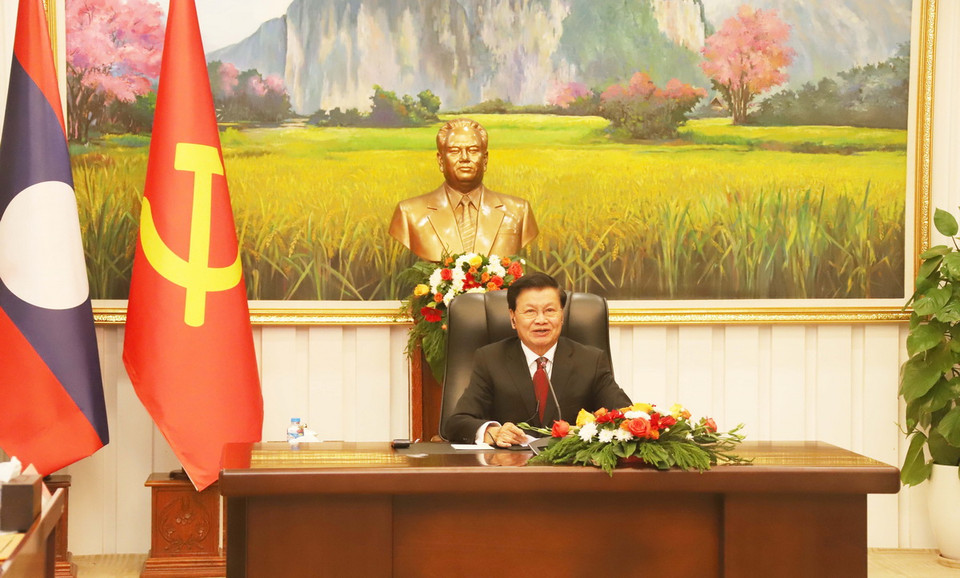 Tổng Bí thư, Chủ tịch nước Lào Thongloun Sisoulith phát biểu tại cuộc điện đàm. (Ảnh: Xuân Tú/TTXVN)