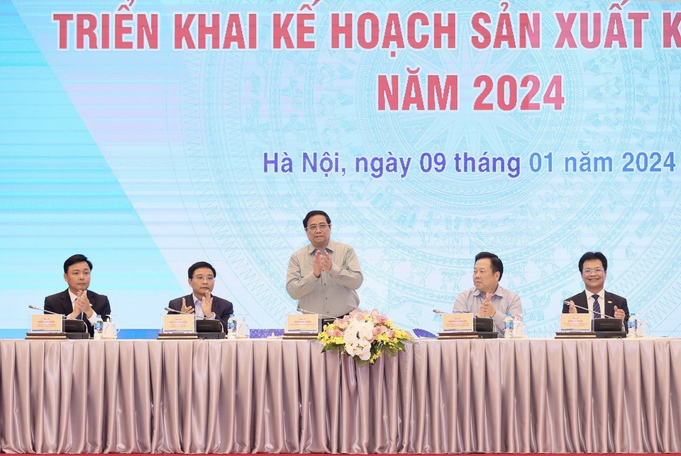 Thủ tướng Phạm Minh Chính dự Hội nghị triển khai kế hoạch kinh doanh của ngành Đường sắt. (Ảnh: Dương Giang/TTXVN)