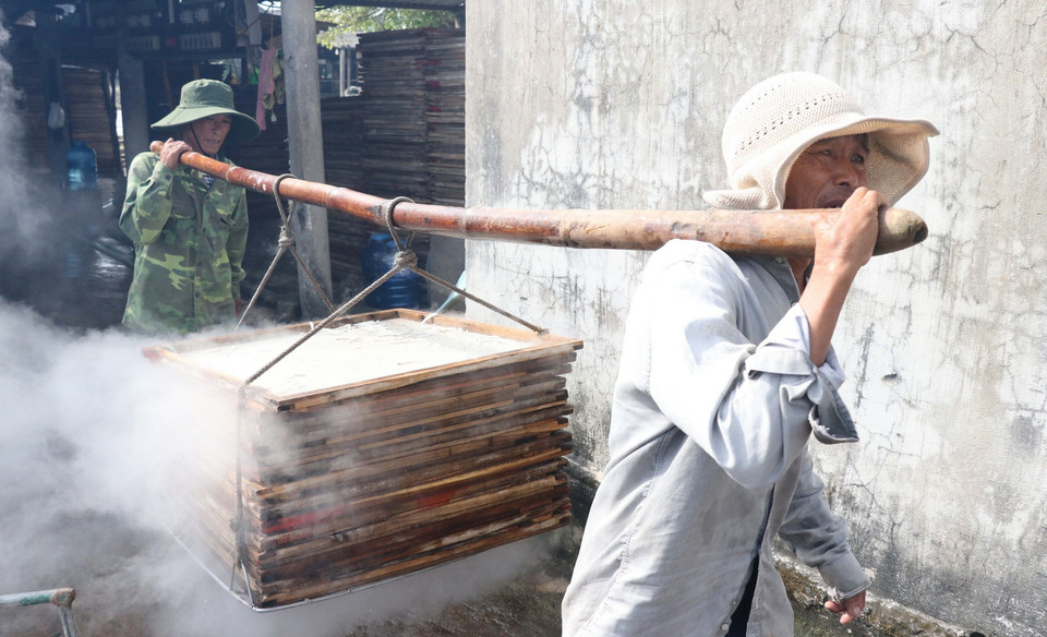 Vận chuyển những vỉ cá cơm đã hấp xong mang ra phơi. (Ảnh: Nguyên Lý/TTXVN)