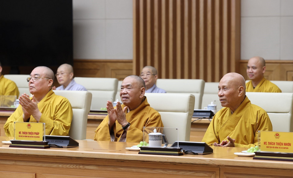 Các đại biểu Giáo hội Phật giáo Việt Nam tham dự buổi tiếp. (Ảnh: Dương Giang/TTXVN)