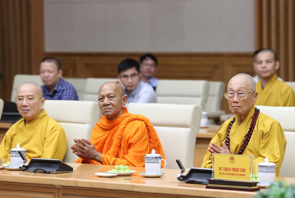 Các đại biểu Giáo hội Phật giáo Việt Nam tham dự buổi tiếp. (Ảnh: Dương Giang/TTXVN)