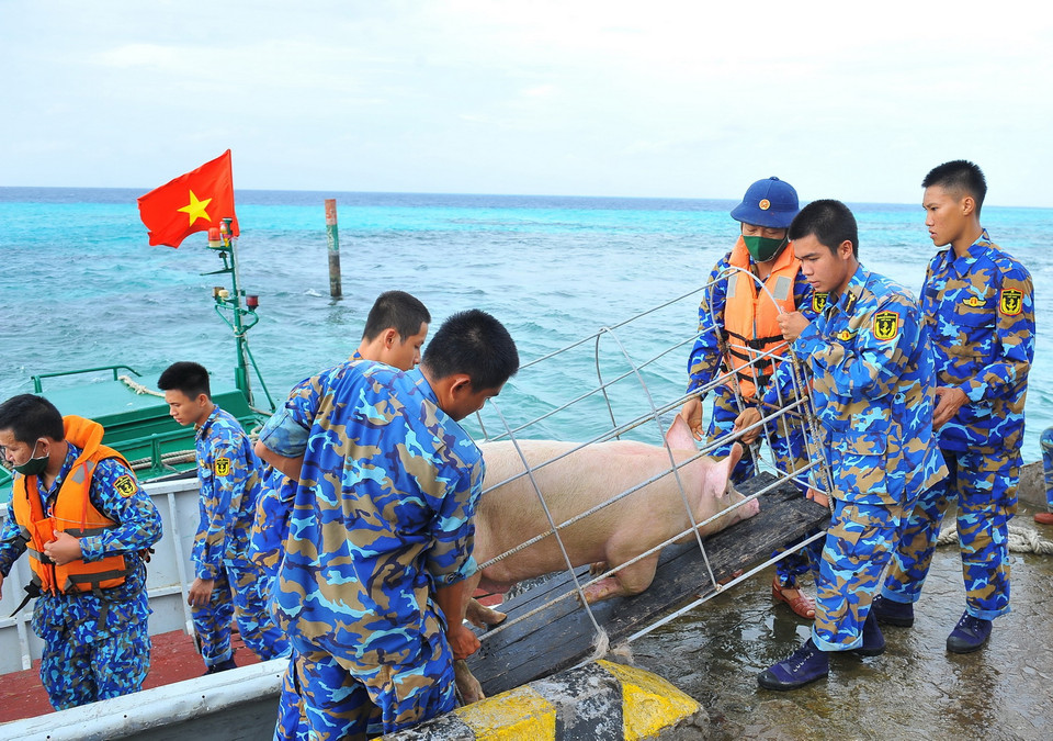 Cán bộ, chiến sỹ đảo Tốc Tan B tiếp nhận quà Tết. (Ảnh: Minh Đức/TTXVN)