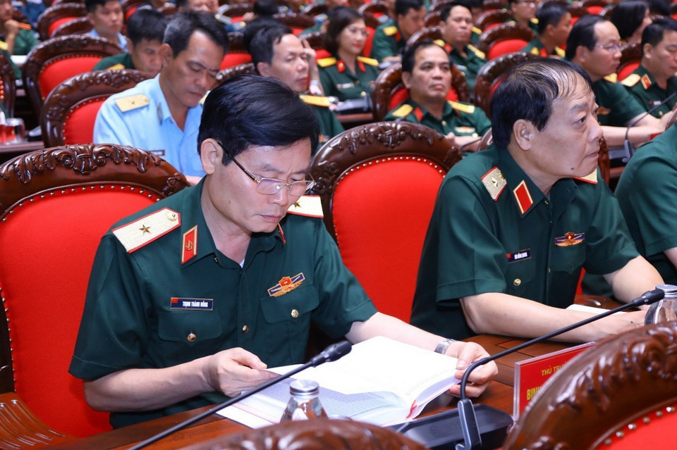 Quang cảnh buổi lễ giới thiệu cuốn sách của Tổng Bí thư Nguyễn Phú Trọng về quân sự, quốc phòng. (Ảnh: Văn Điệp/TTXVN)