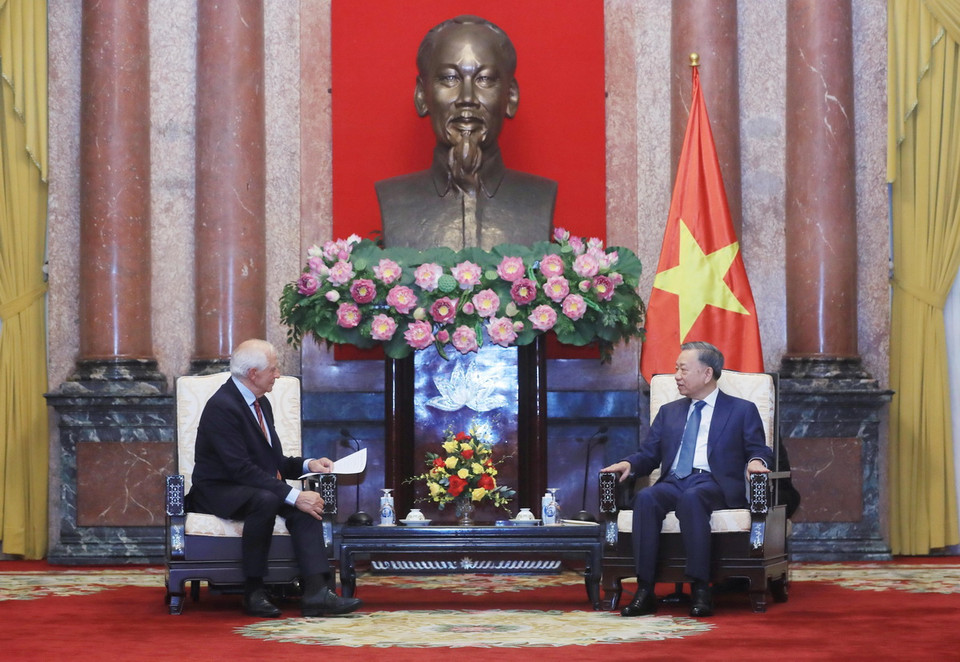 Chủ tịch nước Tô Lâm tiếp Phó Chủ tịch Ủy ban Châu Âu (EC), Đại diện cấp cao Liên minh Châu Âu (EU) về Chính sách đối ngoại và An ninh Josep Borrell Fontelles. (Ảnh: Lâm Khánh/TTXVN)