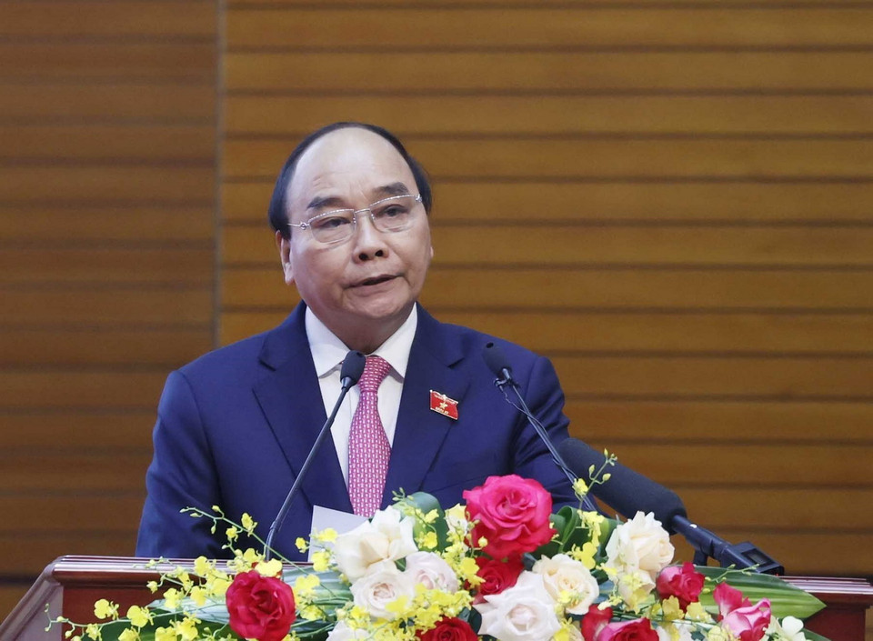 Chủ tịch nước Nguyễn Xuân Phúc phát biểu chúc mừng Binh đoàn 11. (Ảnh: Thống Nhất/TTXVN)