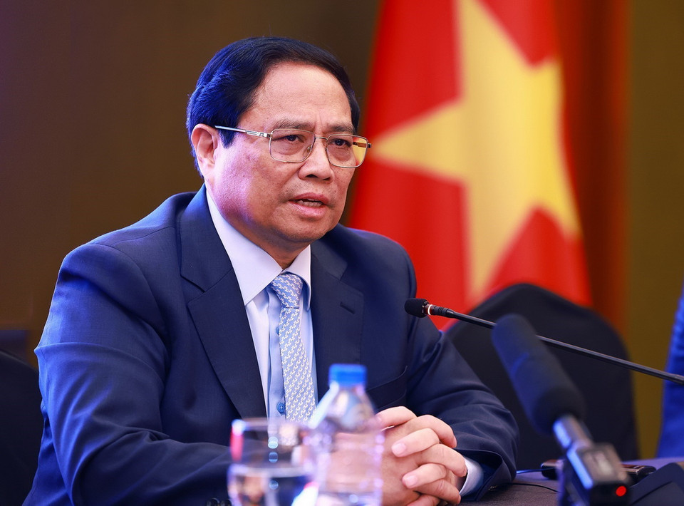 Thủ tướng Phạm Minh Chính phát biểu tại cuộc gặp gỡ những người bạn Hàn Quốc. (Ảnh: Dương Giang/TTXVN)