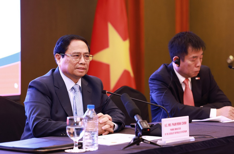 Thủ tướng Phạm Minh Chính tại buổi gặp gỡ những người bạn Hàn Quốc. (Ảnh: Dương Giang/TTXVN)