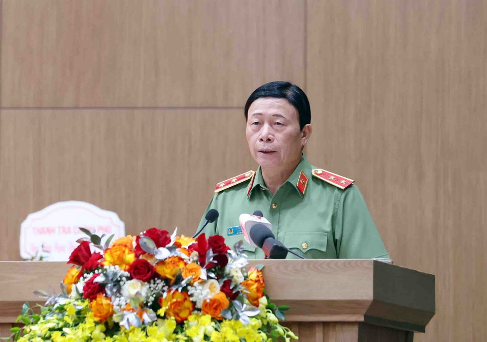 Trung tướng Lê Quốc Hùng, Ủy viên Trung ương Đảng, Thứ trưởng Bộ Công an, phát biểu. (Ảnh: Phạm Kiên/TTXVN)