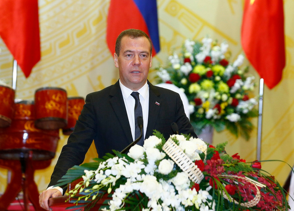 Thủ tướng Liên bang Nga Dmitry Medvedev phát biểu tại buổi chiêu đãi. (Ảnh: Thống Nhất/TTXVN)
