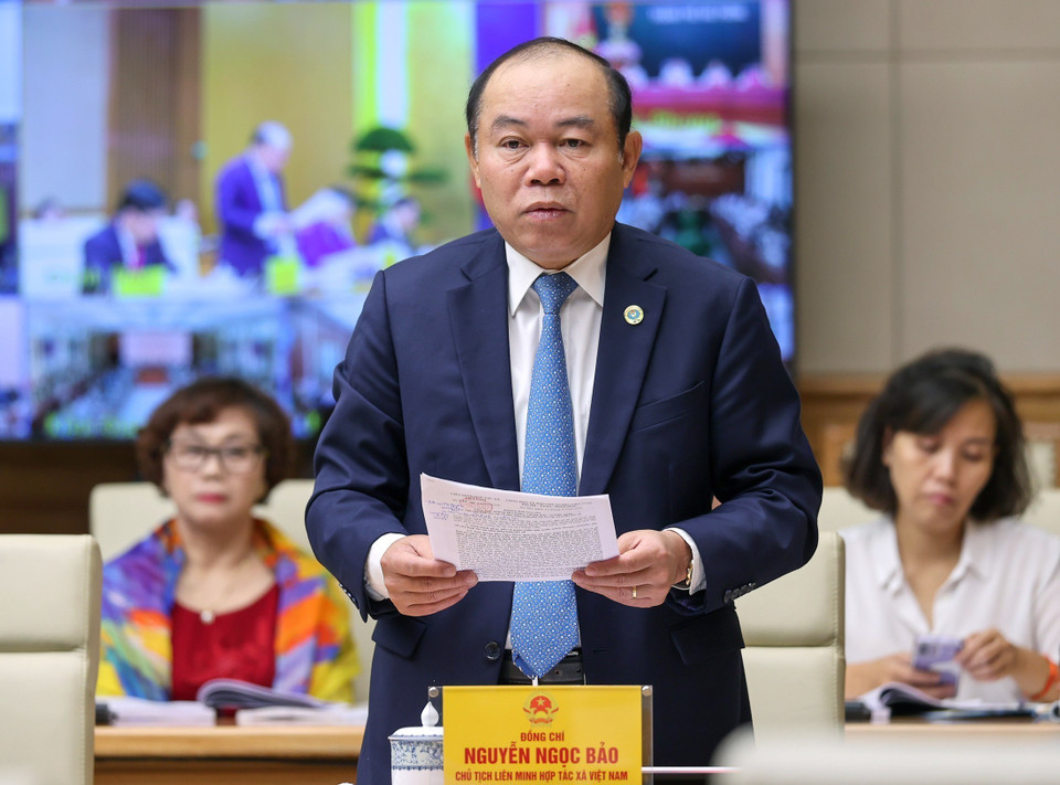 Chủ tịch Liên minh Hợp tác xã Việt Nam Nguyễn Ngọc Bảo trình bày báo cáo. (Ảnh: Dương Giang/TTXVN)