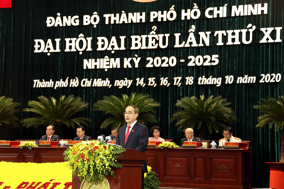  Ủy viên Bộ Chính trị, Bí thư Thành ủy Thành phố Hồ Chí Minh Nguyễn Thiện Nhân phát biểu tại Đại hội. (Ảnh: Thống Nhất/TTXVN)