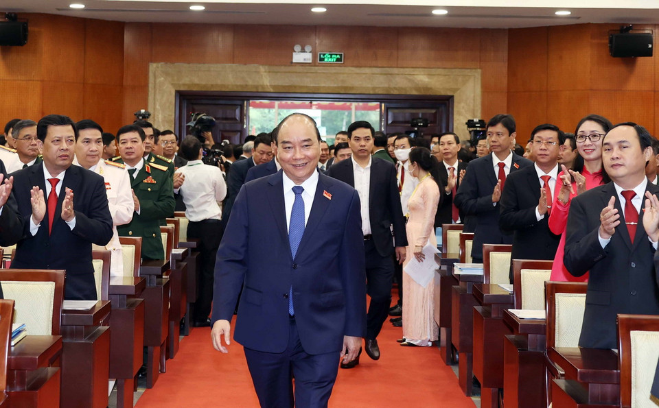 Ủy viên Bộ Chính trị, Thủ tướng Nguyễn Xuân Phúc dự Đại hội Đại biểu Đảng bộ Thành phố Hồ Chí Minh lần thứ XI, nhiệm kỳ 2020-2025. (Ảnh: Thống Nhất/TTXVN)