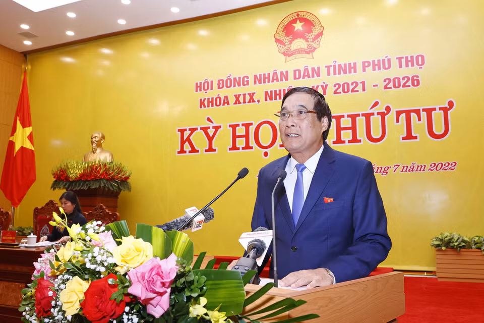 Ông Bùi Minh Châu, Ủy viên Trung ương Đảng, Bí thư Tỉnh ủy, Chủ tịch HĐND tỉnh, Trưởng Đoàn đại biểu Quốc hội tỉnh Phú Thọ phát biểu khai mạc. (Ảnh: Doãn Tấn/TTXVN)