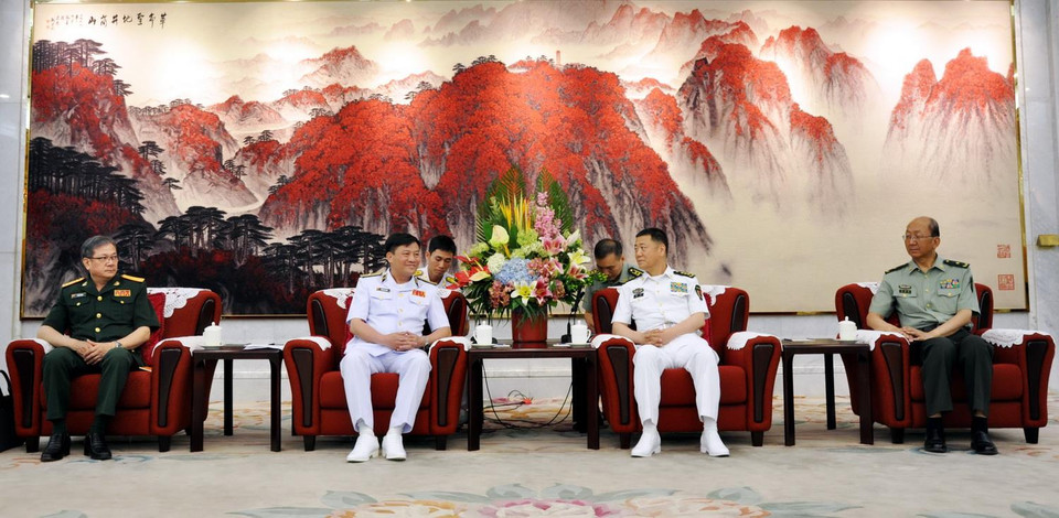 Chuẩn Đô đốc Phạm Văn Vững khẳng định tầm quan trọng của hợp tác, giao lưu giữa hai quân đội trong quan hệ hai nước Việt-Trung. (Ảnh: Bùi Tuấn/Vietnam+)