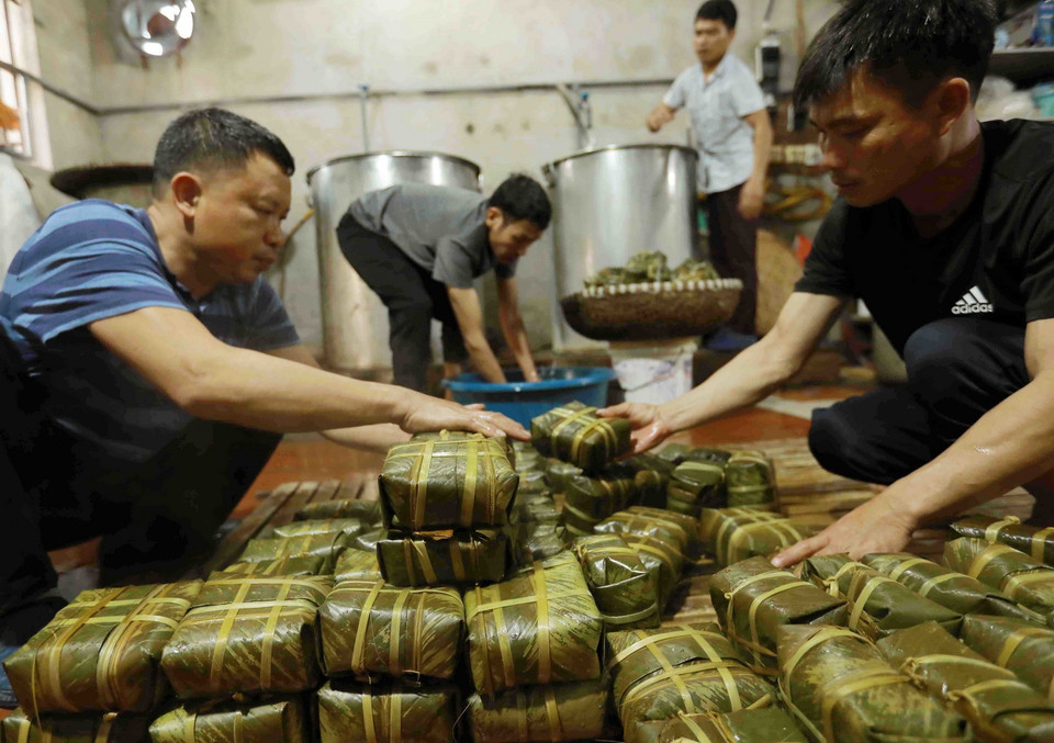 Làng Tranh Khúc hiện có hơn 200 hộ giữ nghề làm bánh chưng, chiếm 65% tổng số hộ trong làng. (Ảnh: Vũ Sinh/TTXVN)