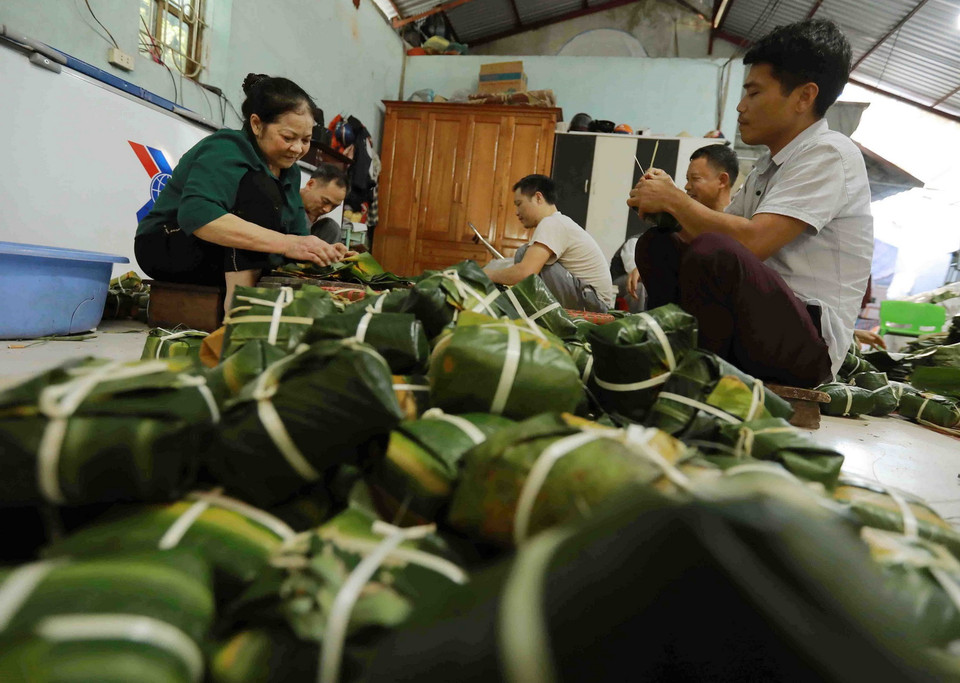 Người làng Tranh Khúc làm bánh chưng quanh năm, nhưng tất bật và nhộn nhịp nhất là vào dịp Tết Nguyên đán, khoảng từ Rằm tháng Chạp đến hết ngày Rằm tháng Giêng. (Ảnh: Vũ Sinh/TTXVN)