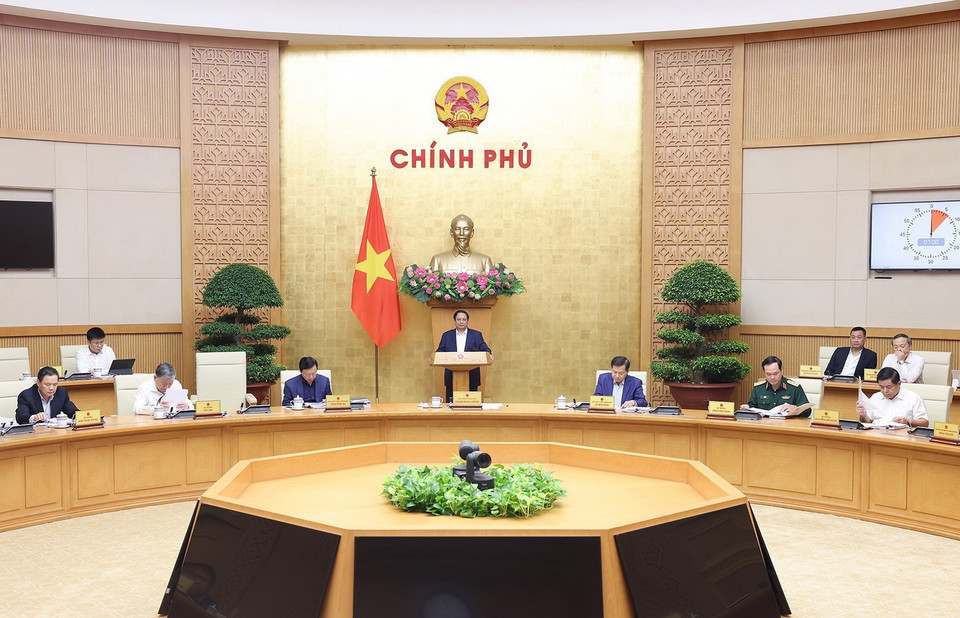 Thủ tướng Phạm Minh Chính chủ trì Phiên họp Chính phủ chuyên đề về xây dựng pháp luật tháng 3/2024. (Ảnh: Dương Giang/TTXVN)