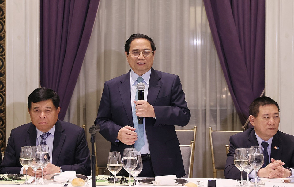 Thủ tướng Phạm Minh Chính phát biểu tại cuộc làm việc với các Quỹ Đầu tư Tài chính Hoa Kỳ. (Ảnh: Dương Giang/TTXVN)