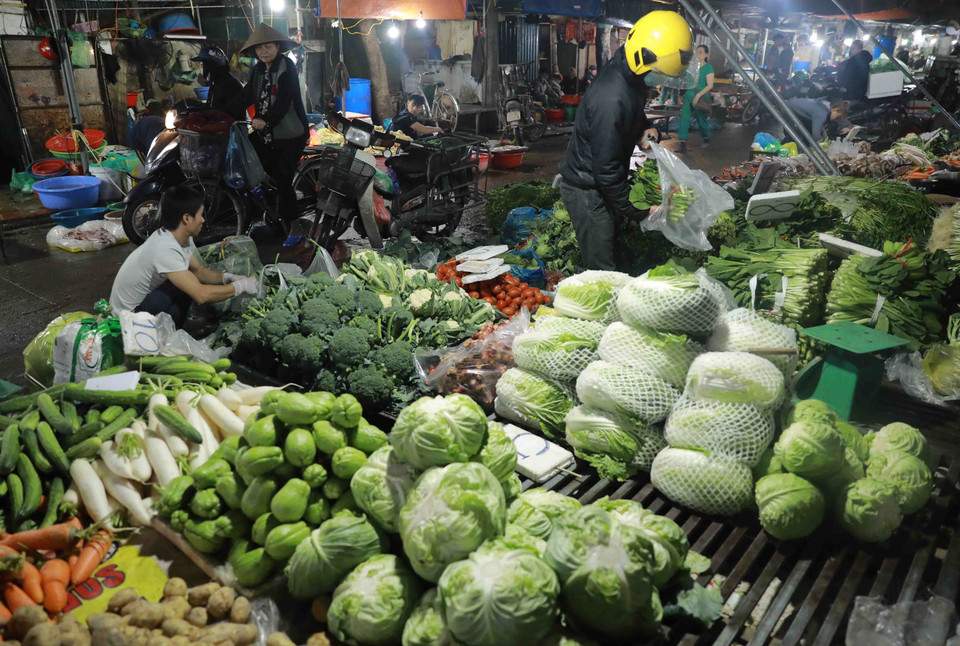 Những ngày giáp Tết Nguyên đán Quý Mão, tại các chợ đầu mối lớn của thành phố Hà Nội đang rất nhộn nhịp hoạt động mua bán. (Ảnh: Vũ Sinh/TTXVN)